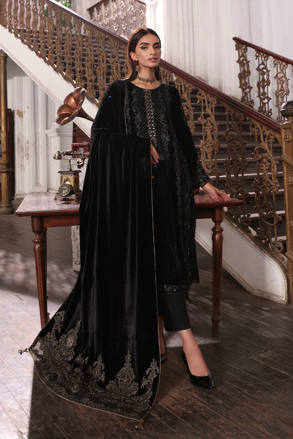 Chinyere Formal Piece Embroidered Velvet Black Shirt Winter 2024