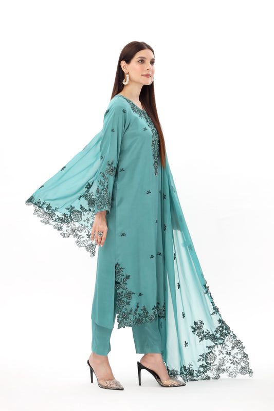 3 Piece Raw Silk Embroidered Suit (AP0045)