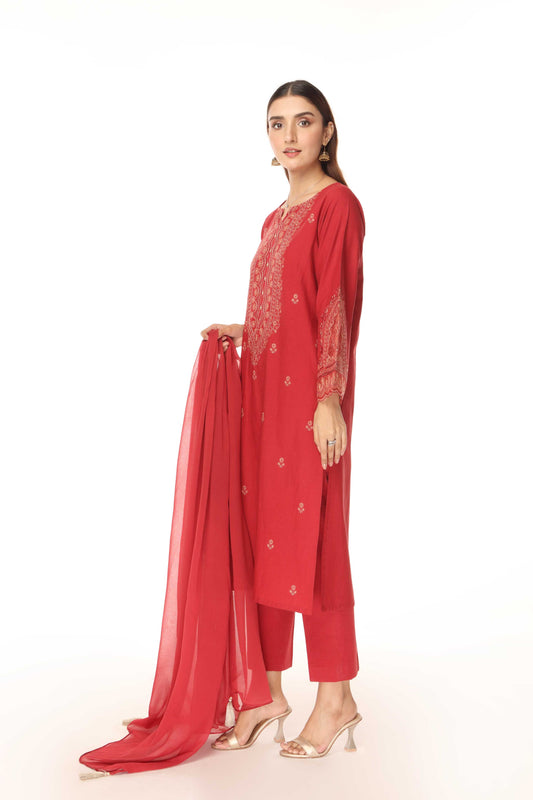 3 Piece Slub Khaddar Embroidered Suit (BA0096)