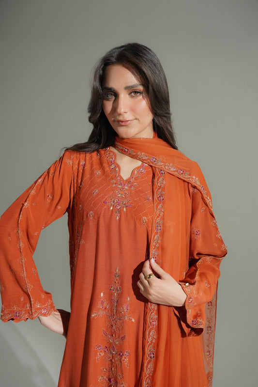3 Piece Raw Silk Embroidered Suit (FL0179)
