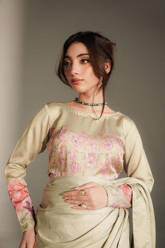 3 Piece Printed Shamoz Silk Embroidered Saree/Blouse/Petticoat (FW0035)