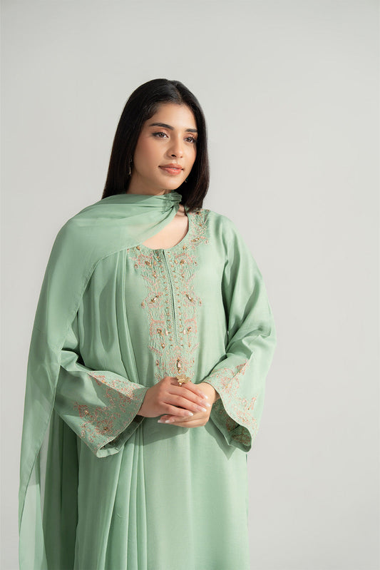 3 Piece Raw Silk Embroidered Suit (FL0158)