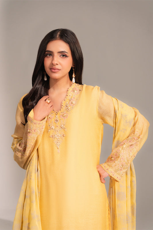 3 Piece Khaddi Net Embroidered Suit (FL0156)