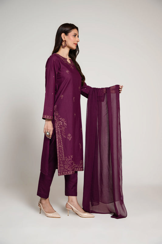 3 Piece Slub Khaddar Embroidered Suit (BA0015)